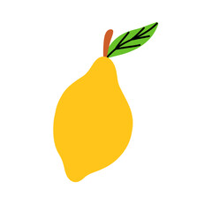 Bright yellow lemon with a green leaf and brown stem