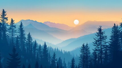 Obraz premium Realistic mountains landscape. Morning wood panorama, pine trees and mountains silhouettes. Vector forest hiking background. 