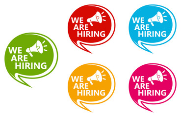 Set collections we are hiring trendy colorful icon sign.  job vacancy labels design template Vector illustration