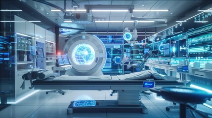 Obraz premium Futuristic medical lab with holographic displays and equipment