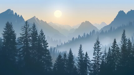 Realistic mountains landscape. Morning wood panorama, pine trees and mountains silhouettes. Vector forest hiking background. 