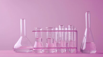 Chemical laboratory glassware on lilac background featuring flasks and test tubes for scientific demonstrations and experiments