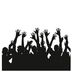 Silhouette of a crowd raising their hands at a concert or event.