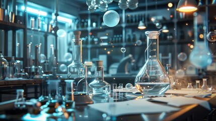 Chemical laboratory background with glassware and equipment: professional science lab setup featuring test tubes, beakers, and scientific instruments on a clean work surface for research and experimen