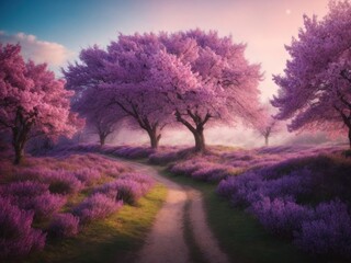 Fantasy background Magic forest Beautiful spring purple background