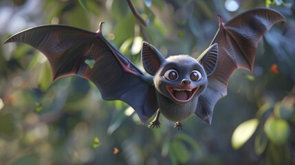 A playful 3D animated bat with a happy smile and detailed wings, flying joyfully, designed for kids with bright and engaging features, rendered in 8K UHD for the best quality and a masterpiece 