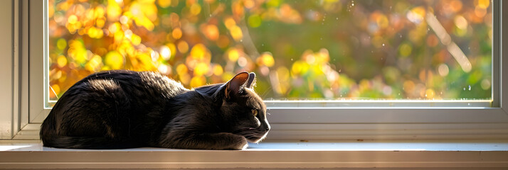 Gato preto elegante descansando em um parapeito iluminado pelo sol