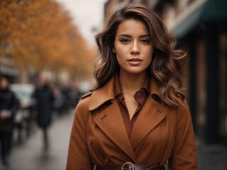 Female figure in a stylish brown fancy autumn coat