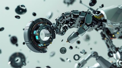 Futuristic robot parts assembling themselves in mid-air