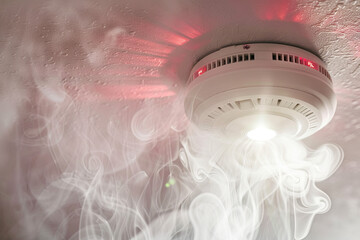 Smoke detector and fire alarm in action background