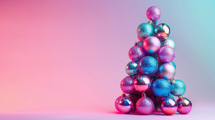 Fototapeta premium Colorful Christmas tree made of ornaments pastel pink blue purple shiny gradient festive minimal holiday design blank banner copy space background pretty lux metallic balls festive xmas retail shop ad