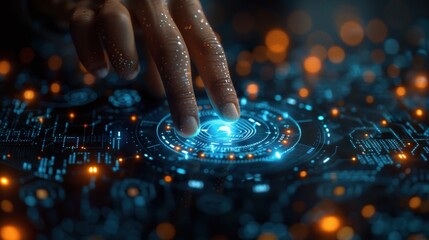 The hand of a businessman touching a biometric security icon on a virtual screen with a digital building background.