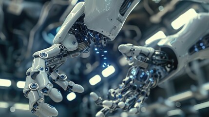 Fototapeta premium Futuristic robot parts assembling themselves in mid-air