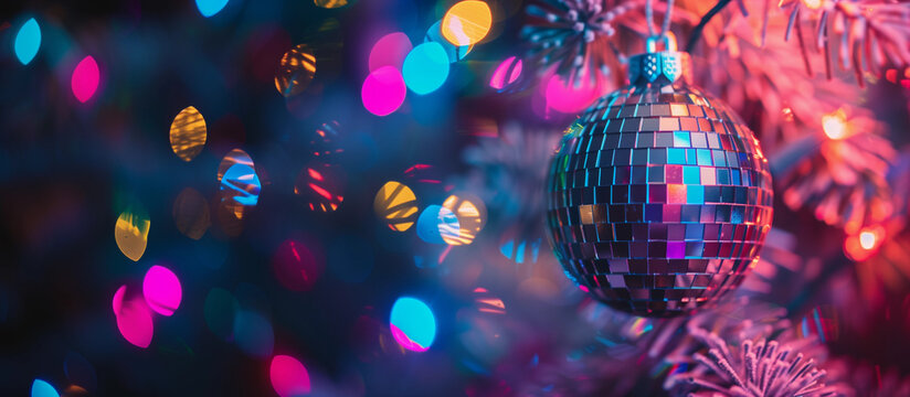 Colorful disco ball ornament vibrant Christmas lights festive retro holiday decor sparkling celebration party atmosphere nightclub bar club banner copy space dark bokeh fun background retro studio 54