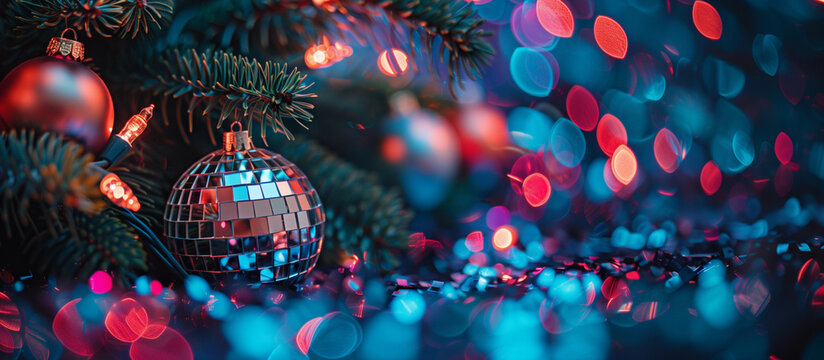 Colorful disco ball ornament vibrant Christmas lights festive retro holiday decor sparkling celebration party atmosphere nightclub bar club banner copy space dark bokeh fun background retro studio 54