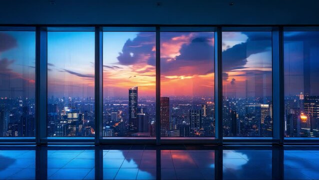 Time lapse view of a modern city through the window of a high rise corporate building