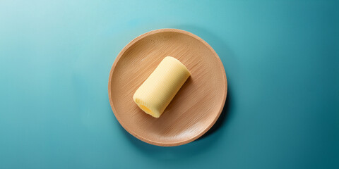 Butter stick on a wooden plate on a blue background