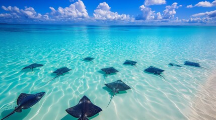 Schools of stingrays swim along the white sand beach and blue sea.