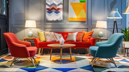Patterned rug in comfy living room with soft-colored lamps over wooden table and colorful chairs near wall art