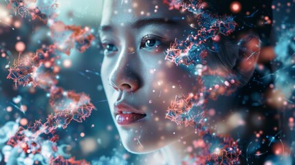 Close-up of double helix dna strand with vibrant molecular structure on dark blue background - ideal for genetic research, biotechnology, and molecular biology concepts