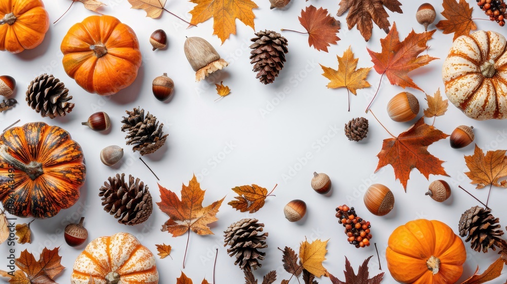 Sticker autumn themed flat lay with pumpkins cones leaves acorns and chestnuts on white surface idea for aut