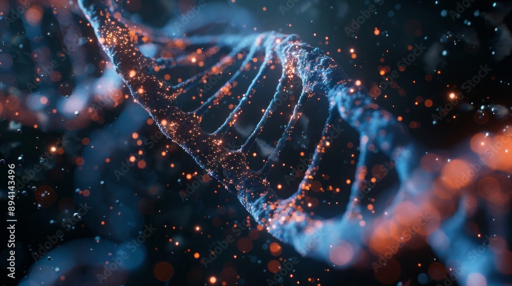 Poster detailed view of dna molecule structure with intricate double helix design on a dark background, hig