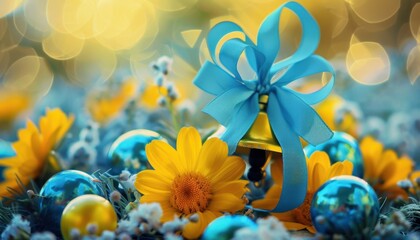 Golden Bell With Blue Bow and Yellow Flowers
