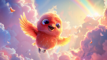 Adorable full-body cartoon bird with big eyes and a happy smile, flying through a sunny sky with...