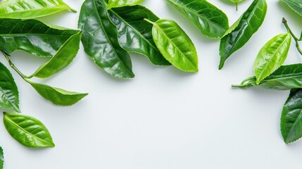 Obraz premium Detailed look at freshly picked green tea leaves on white, from homegrown organic plantation. Food concept with clipping path and copy space