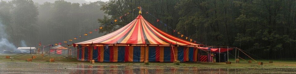 Whimsical Rainy Day Circus: Enchanting Summer Adventure for Children's Day. 4K AI-Generated Wallpaper Showcasing Resilient Outdoor Fun, Travel Magic, and Family Bonding Amidst Weather Challenges. A Vi