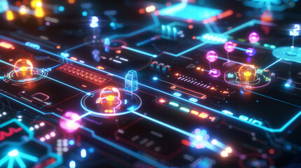 Visualize a futuristic digital logic game interface on a computer screen. The game involves connecting circuits to light up bulbs, and the player is strategizing the best way to complete the challenge