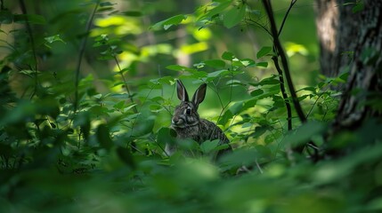 Rabbit hiding in dense green foliage in a forest environment