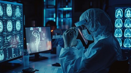Doctor and surgeon analyzing patient's brain test results on futuristic digital holographic interface, advanced human anatomy visualization for innovative science and medicine applications