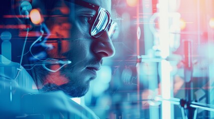 Double exposure image of closeup surgeon in hospital operating room with medical equipment and white background, emphasizing healthcare, surgery, and medical professionals with copy space
