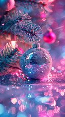 Fototapeta premium Shiny disco ball pink silver Christmas ornaments modern reflective tree decor festive glam party metallic tiles background holiday banner lux pretty magical sparkle modern background promo concept