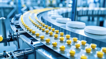 Obraz premium Automated Factory Assembly Line with Yellow Bottle Caps