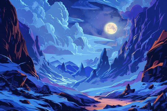 Mystical moonlit mountain landscape with river flowing through valley