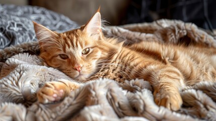 A fluffy orange tabby cat lounging on a cozy blanket, looking content and relaxed, feline, domestic, pet, beautiful, cute 