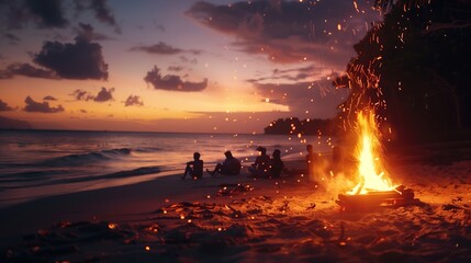 Friends gather by a cozy beach bonfire at sunset, sharing stories and laughter in the warm breeze.