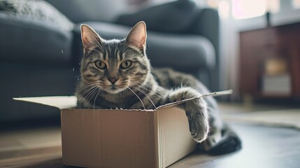 cute grey tabby cat in cardboard box on floor at home 