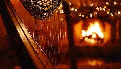 A Harp By a Cozy Fireplace on a Winter Evening