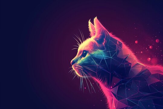 Polygonal Low Poly Illustration of a Glowing Cat on Dark Background