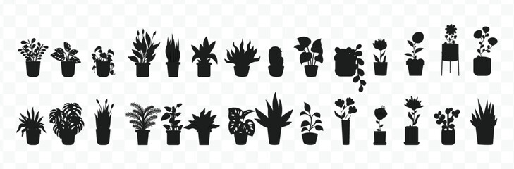 Big Set of houseplant silhouette. Hand drawn houseplants silhouette isolated on white background. Vector illustration.