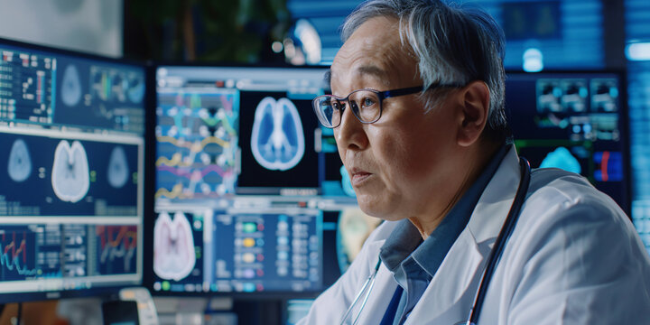Asian doctor studies medical scans on multiple computer screens.