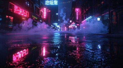 Neon City Street Reflections
