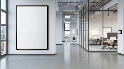 Large blank frame in a minimalist office with sleek furniture