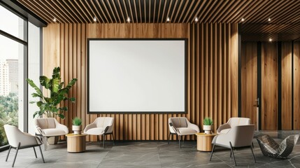 Large blank frame in a minimalist office with sleek furniture