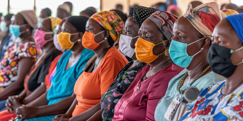Community Gathering of Women in Colorful Outfits and Face Masks