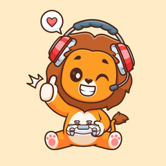 Cute Lion Gaming Cartoon Vector Icon Illustration