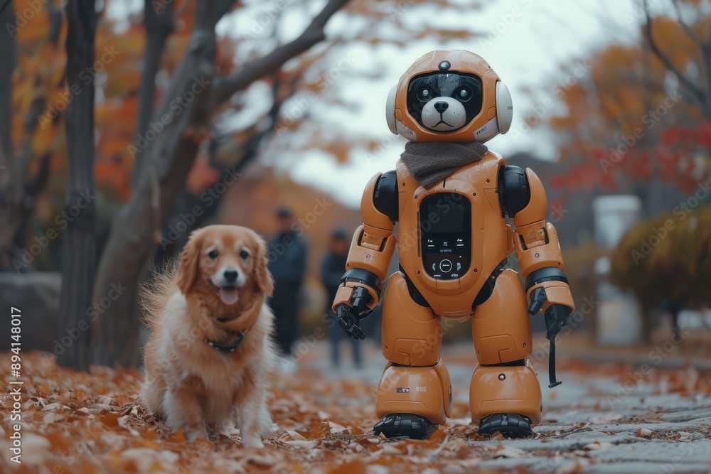 Poster a charming scene featuring a robot designed like a bear and a golden retriever dog standing together